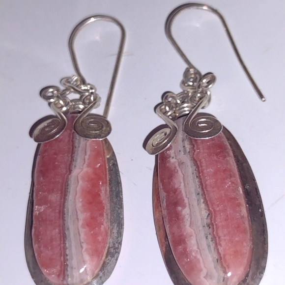 Rhodochrosite Long French Drop Earrings with Embel - Picture 5 of 5